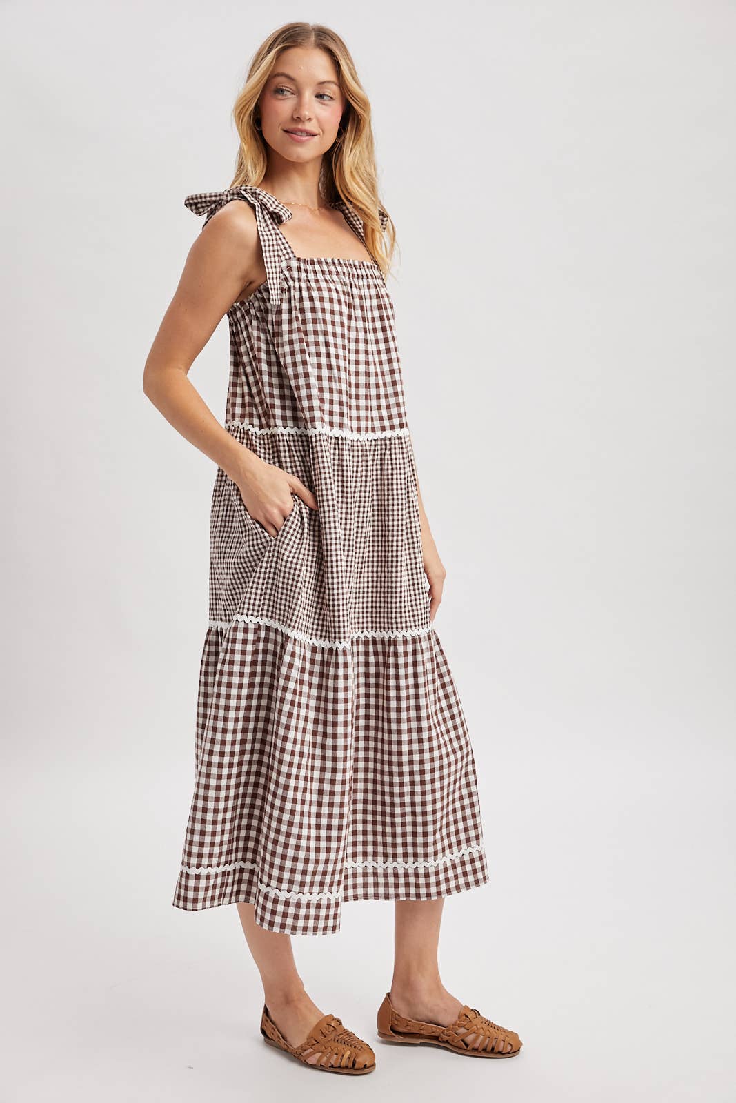 CHOCO CREAM MULTI-GINGHAM TIERED MIDI DRESS / WL25-12046 for wholesale on Faire1