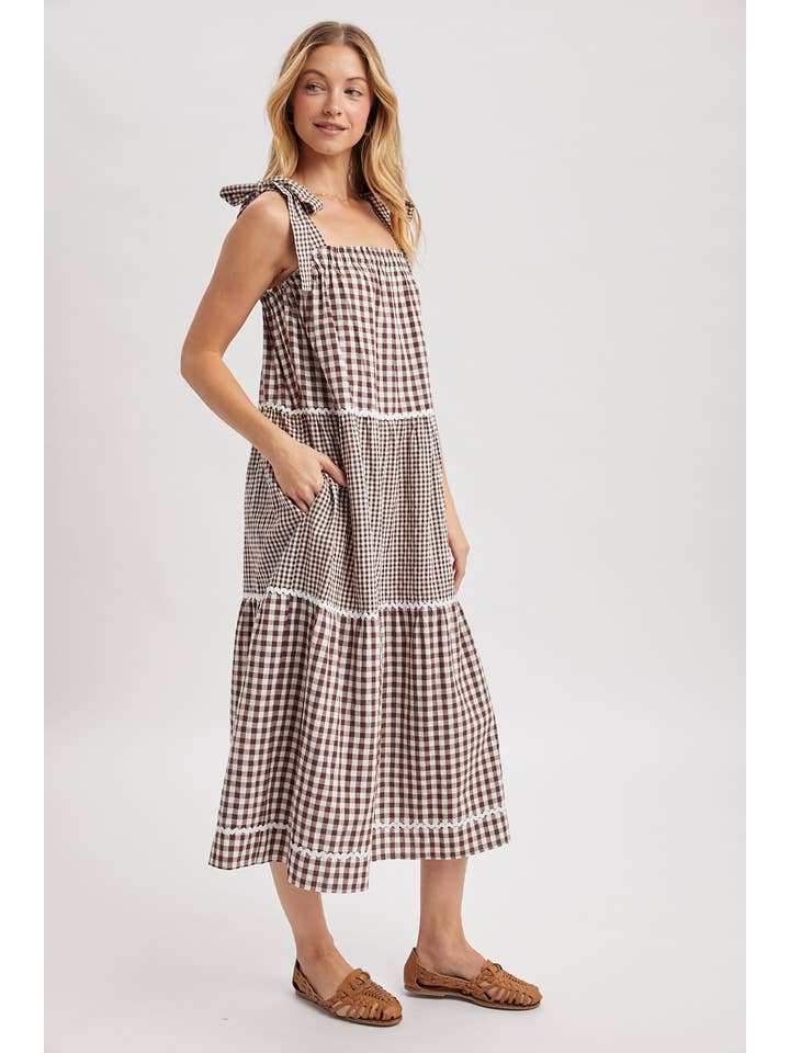 CHOCO CREAM MULTI-GINGHAM TIERED MIDI DRESS / WL25-12046 for wholesale on Faire1
