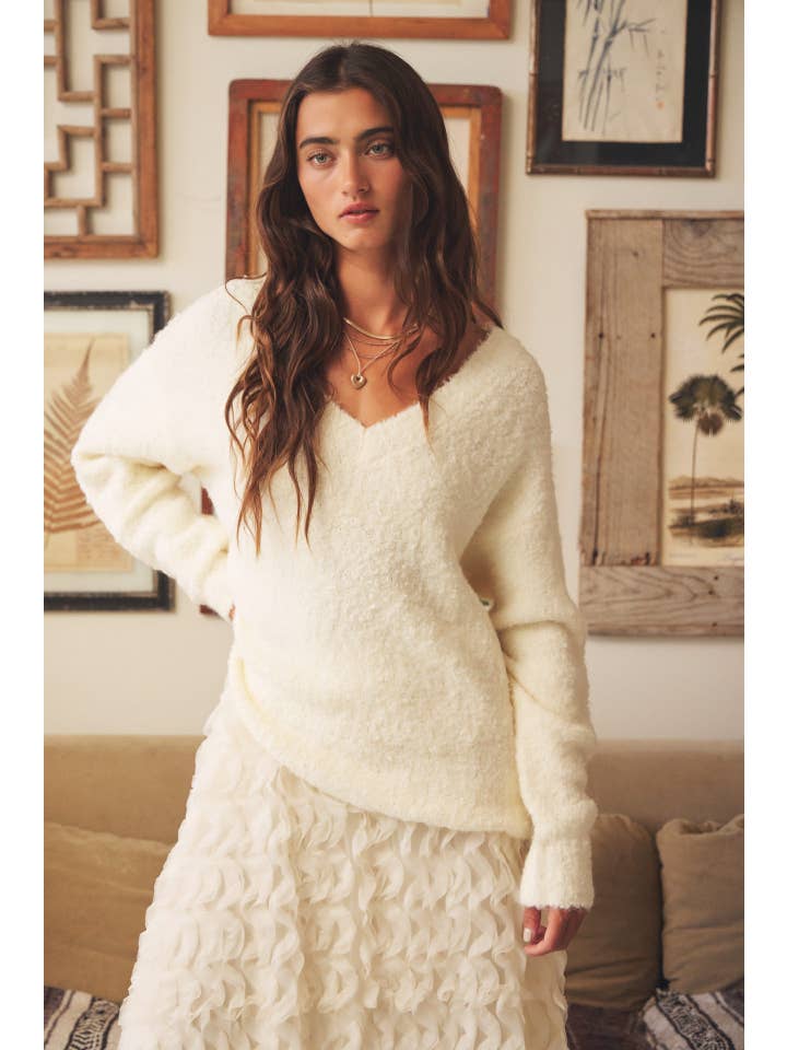 in february - Wholesale Knit Sweater - Women's - RELAXED FIT V-NECK TEDDY BEAR SWEATER