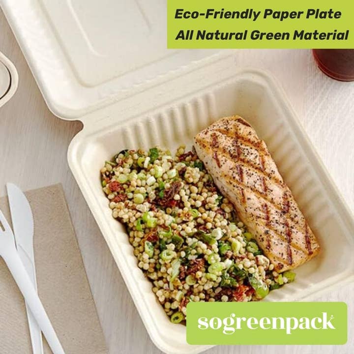 Sogreenpack - Wholesale Disposable Plate - 8" X 8" Compostable Bagasse Clamshell Eco-Friendly 50 Packs