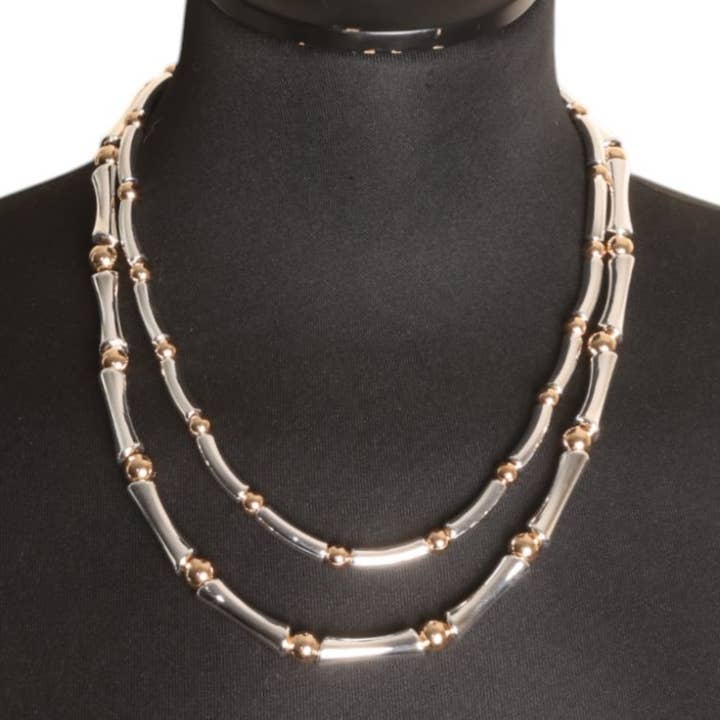 Two-Strand Silver & Gold Beaded Necklace NK406M for wholesale by Jess & Lou