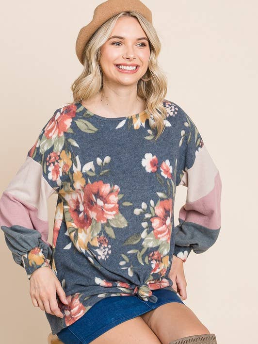 ETK-8264 Floral Color Block Balloon Sleeve Top for wholesale by Emerald Collection