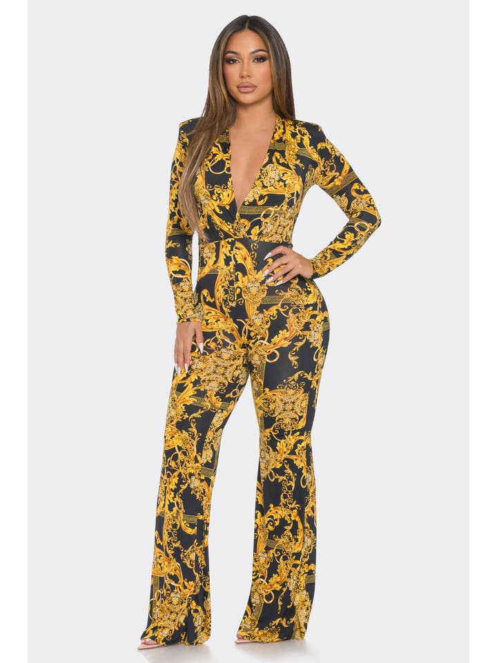 BLACK GOLD J7476 Shoulder Pad Wrap Print Jumpsuit for wholesale on Faire