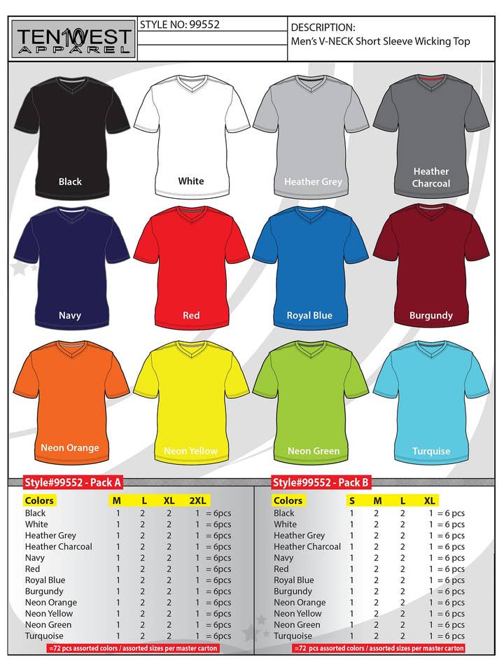 T-shirt anti-humidité solide à col en V et manches courtes pour hommes M-2X pour la vente par Ten West Apparel