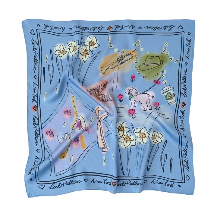 "New York in Sketches" Silk Scarf - Blue for wholesale by Lost Pattern NYC