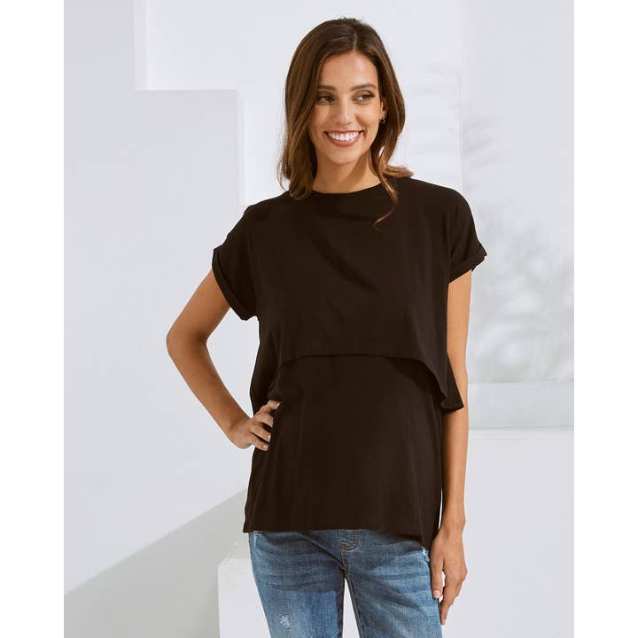 Angel Maternity - Wholesale Nursing top – Maternity - Everyday Nursing Tee with Discreet Front Panel Access In Black2