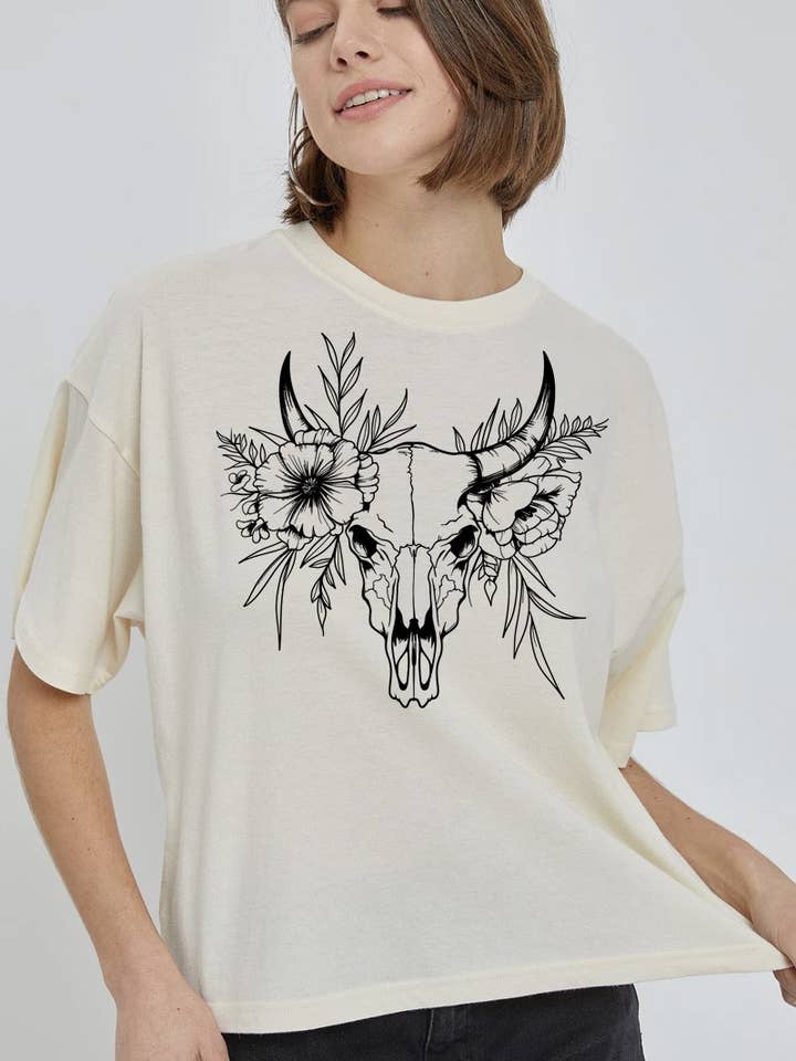 Floral Bull Skull Crop Top. for wholesale by DG WORLD