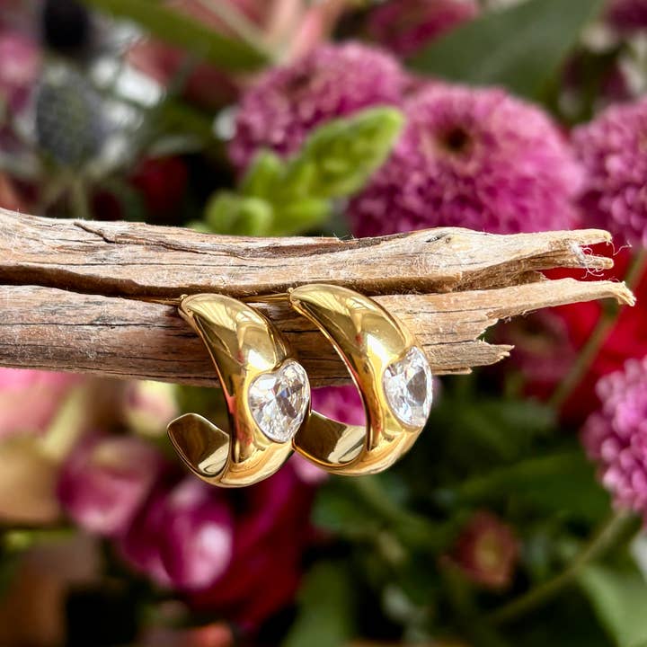 18ct Gold Plated Cubic Zirconia Heart Earrings for wholesale by Ocean Ripples