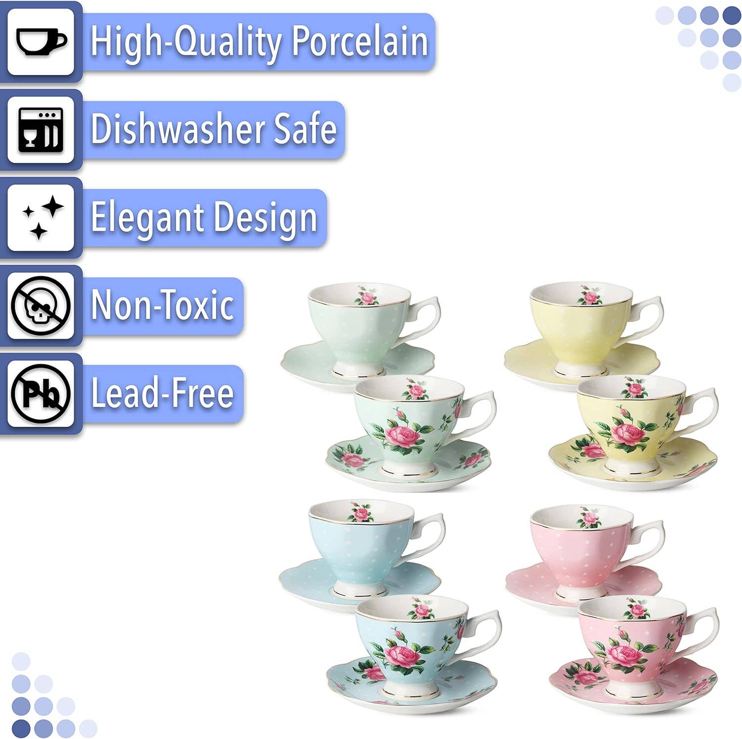Brew To A Tea - Wholesale Tea Set - BTaT Floral Tea Cups & Saucers Set of 8 with Gold Trim3