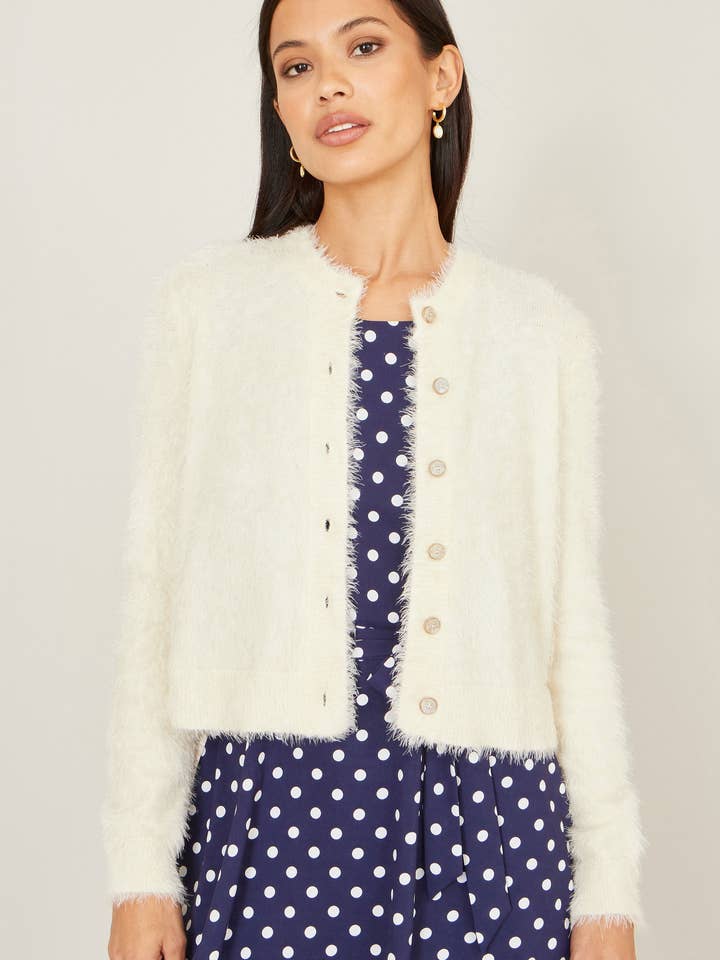 Yumi Ivory Eyelash Knit Cropped Cardigan for wholesale by Yumi