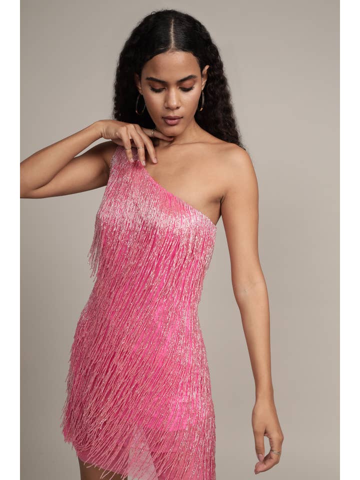 Athena Embellished Pink Fringe Mini Dress for wholesale on Faire
