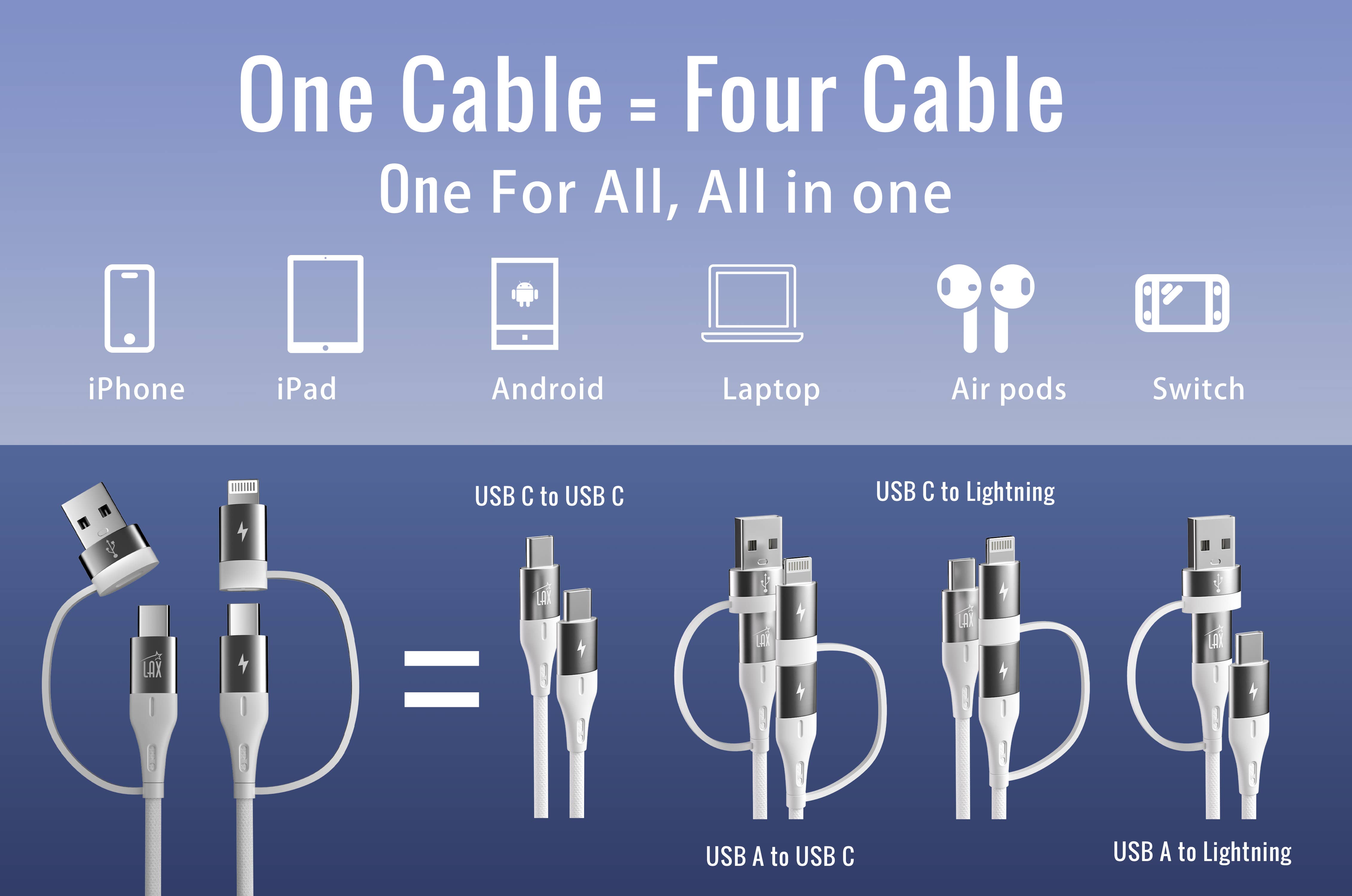 LAX Gadgets - Wholesale Portable Charger - USB PD 20W Wall Charger + 6ft 4-in-1 Linear Cable- Retail2