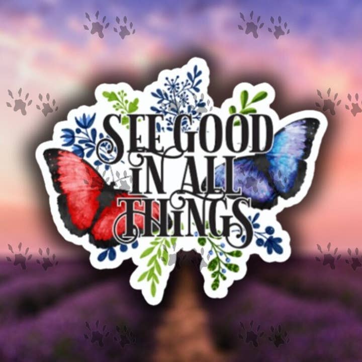 Se godt i alt klistermærke, Positivitetsmærkat, Positive citater, Sommerfugle, Godhed, Venlighed, Mærkat, Vinyl, Bærbar computer, Vandflaske for engroshandel hos The Red Otter