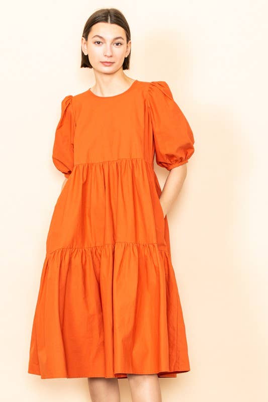 Elloh Collection - Wholesale Dress - Women's - SALE! Poplin Puff Sleeve Tiered Midi Dress with Pockets0