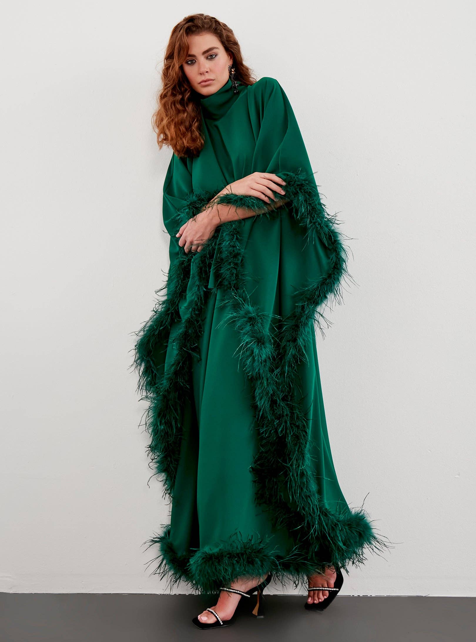 Store WF – wholesale Kaftan – Women's – Feather Trimmed Emerald Kaftan Dress1