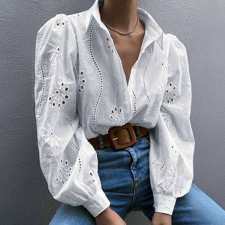 EMBROIDERED LOOPED LONG-SLEEVED LAPEL SHIRT for wholesale by Lily Clothing