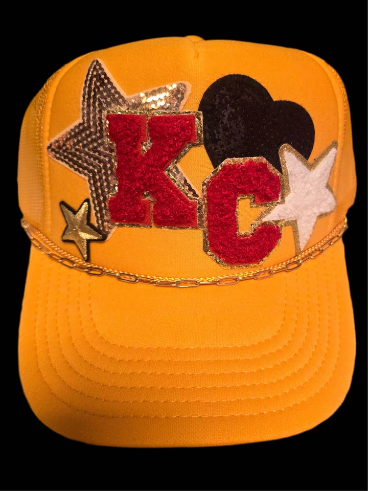 KC Chenille Letters with Sequin Star & Heart Patch Trucker Hat for wholesale by Patchwrx Customs Hat Bar