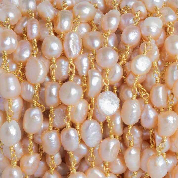 7x6mm Peach Baroque Freshwater Pearl Gold Chain for wholesale by The Bead Traders