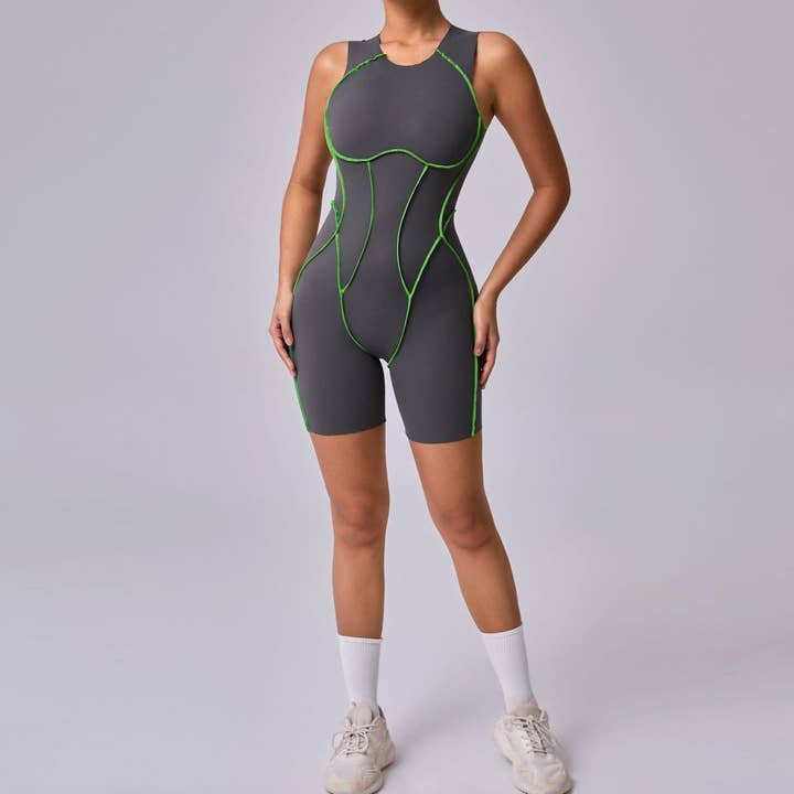 pinkblu02 - Wholesale Unitard - Women's - Women Fashion Color Contrast Tight Sleeveless Sports Rompers