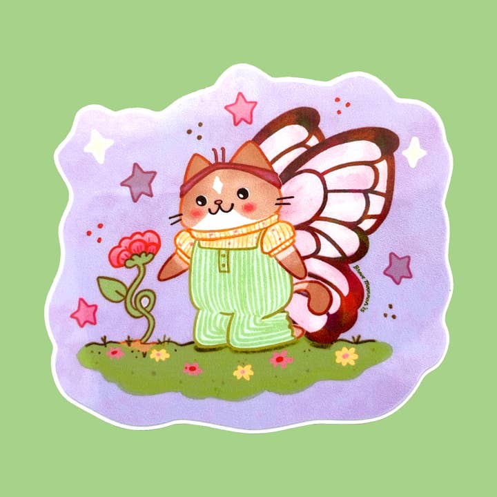 Butterfly Cat with Flower Vinyl Sticker for wholesale by Brave Moonman