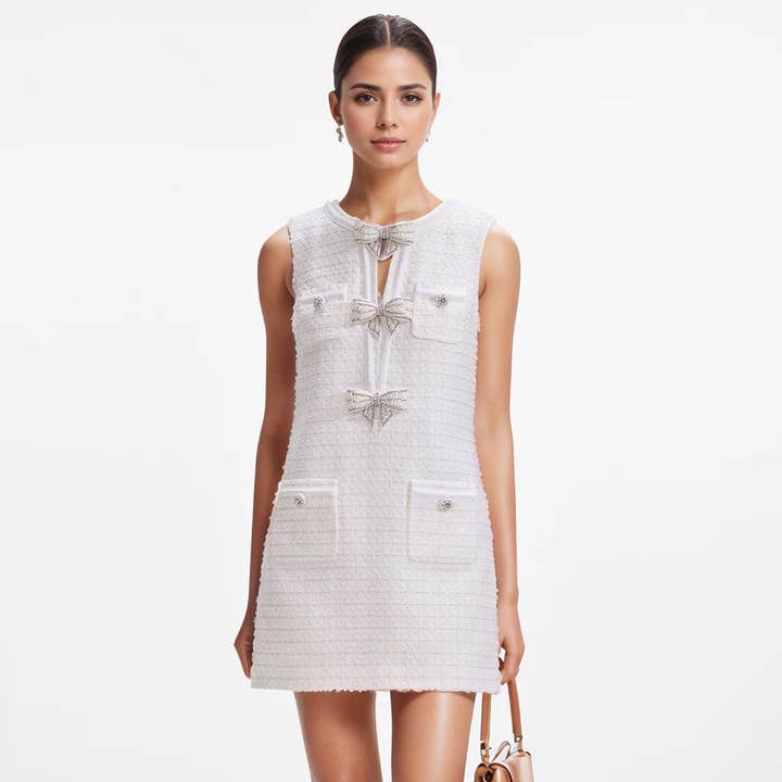 DR552Y Chic Tweed Check Vest Dress with Beaded Bow Accents for wholesale by Productseeker