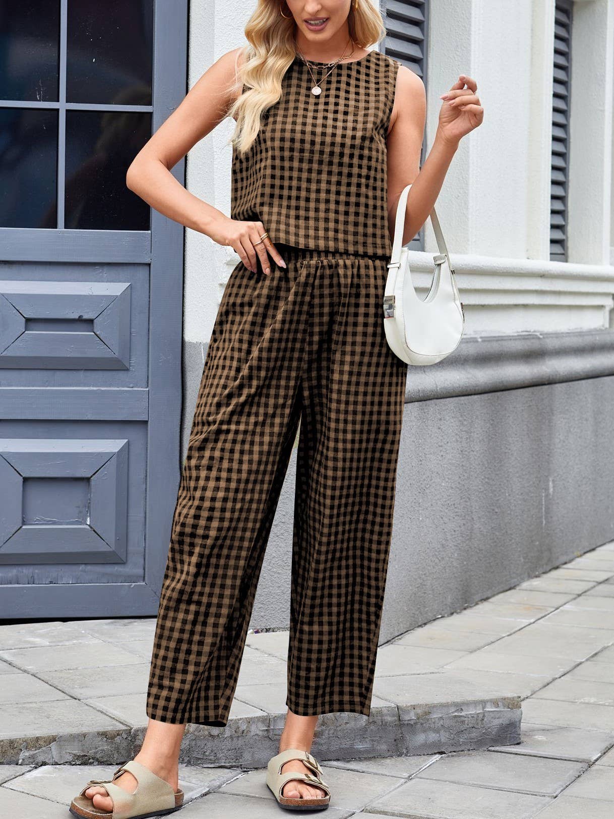 Rosa Clothing - Wholesale Lounge Set - Women's - Gingham Tank Tops Plaid Print Wide Leg Pants Set6
