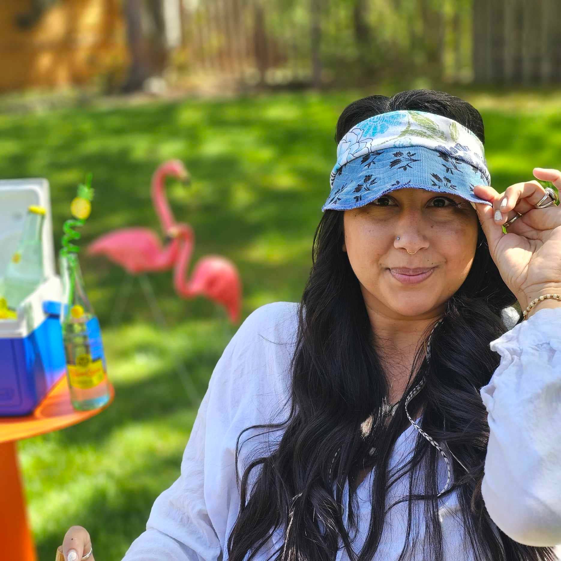 Jax Upcycled - Wholesale Visor - Women's - Upcycled Periwinkle plant pattern cream cotton blend Visor  0