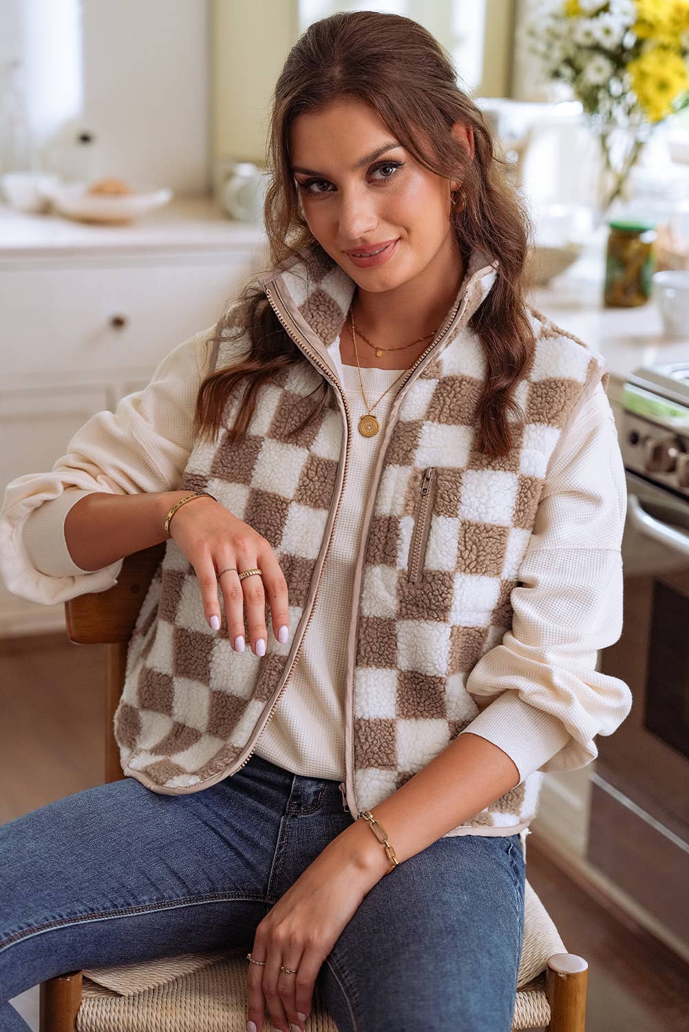 1 the Woman - Wholesale Outerwear Vest - Women's - Checkered Sherpa Collared Jacket Vest4