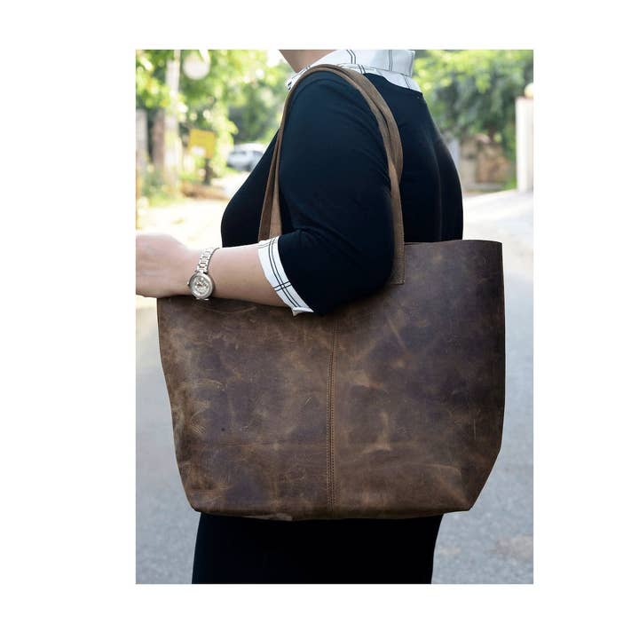 Customized Work Companion: Brown Leather Tote Bag for wholesale by MLC