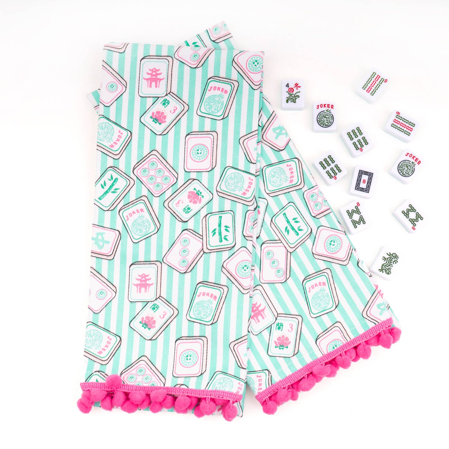 8 Oak Lane - Wholesale Tea Towel - Mahjong Stripe Pom-Pom Kitchen Towel Set2