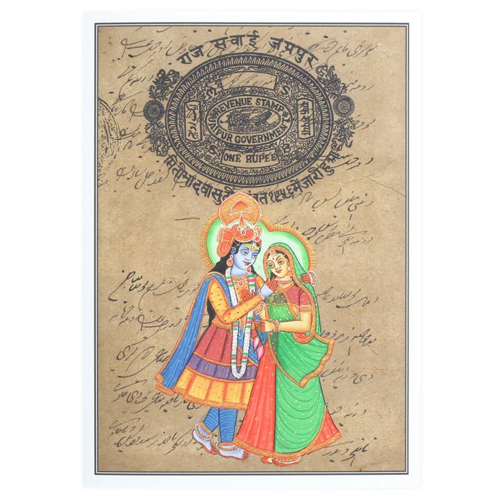 Pintura en miniatura de Rajastán - Radha Govinda de pie - 5 «x7" para venta al por mayor de Prabhuji's Gifts