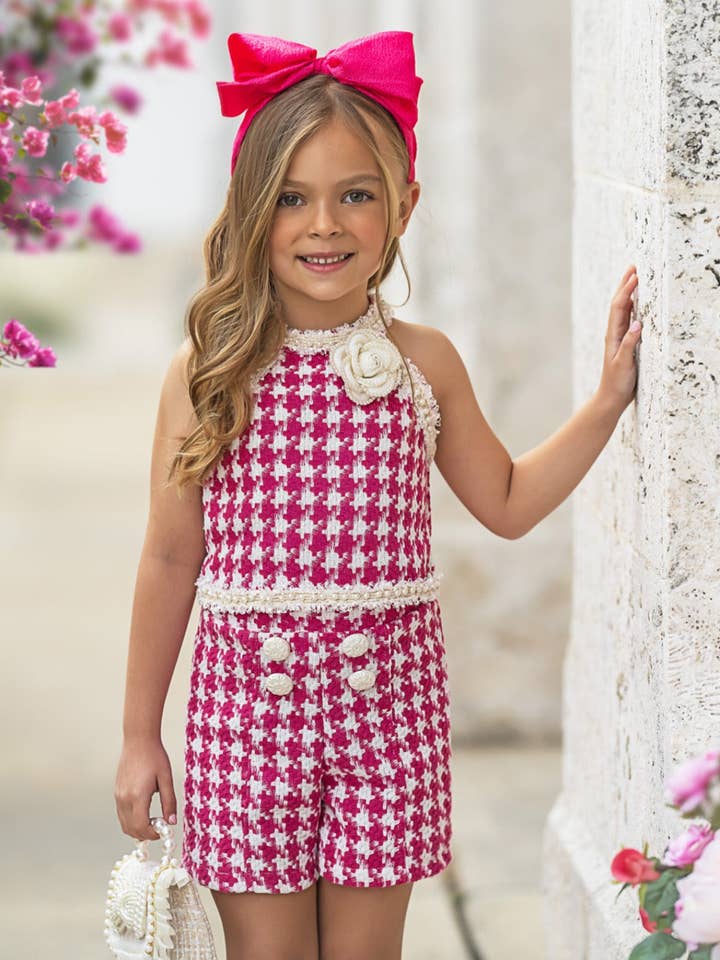 Pink Picnics And Photoshoots Houndstooth Tweed Top And Short Set for wholesale on Faire0