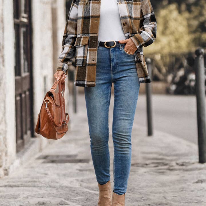 Khaki Polished Lapel Plaid Jacket Women for wholesale on Faire