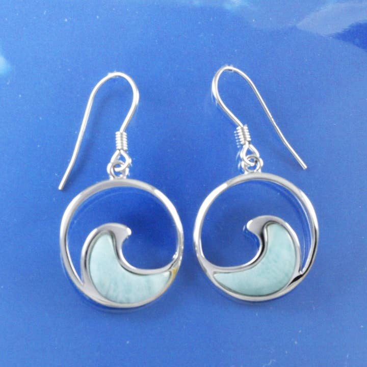 Hawaiian Large Genuine Larimar Ocean Wave Earrings, Sterling Silver Larimar Inlay Wave Earrings, Christmas Mom Birthday Gift for wholesale by Paradise Treasures Jewelry