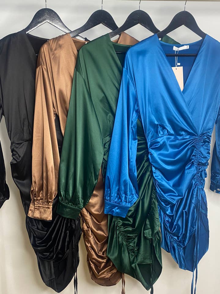 Julianne Satin Ruched Plunge Midi Dress for wholesale by My Winners Direct