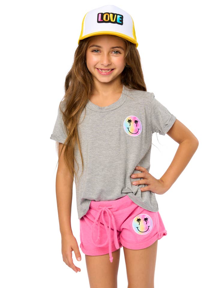 Heather Gray Little Girls 4-6x SS Top w/ Smiley Face Palm Tree Patches for wholesale on Faire0