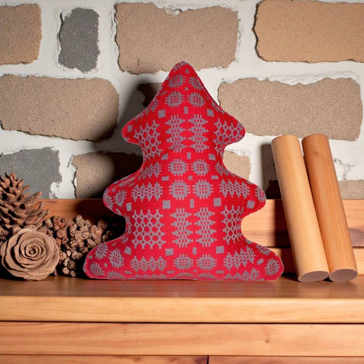 Red Welsh tapestry design Christmas Tree Cushions for wholesale by Moose & Co