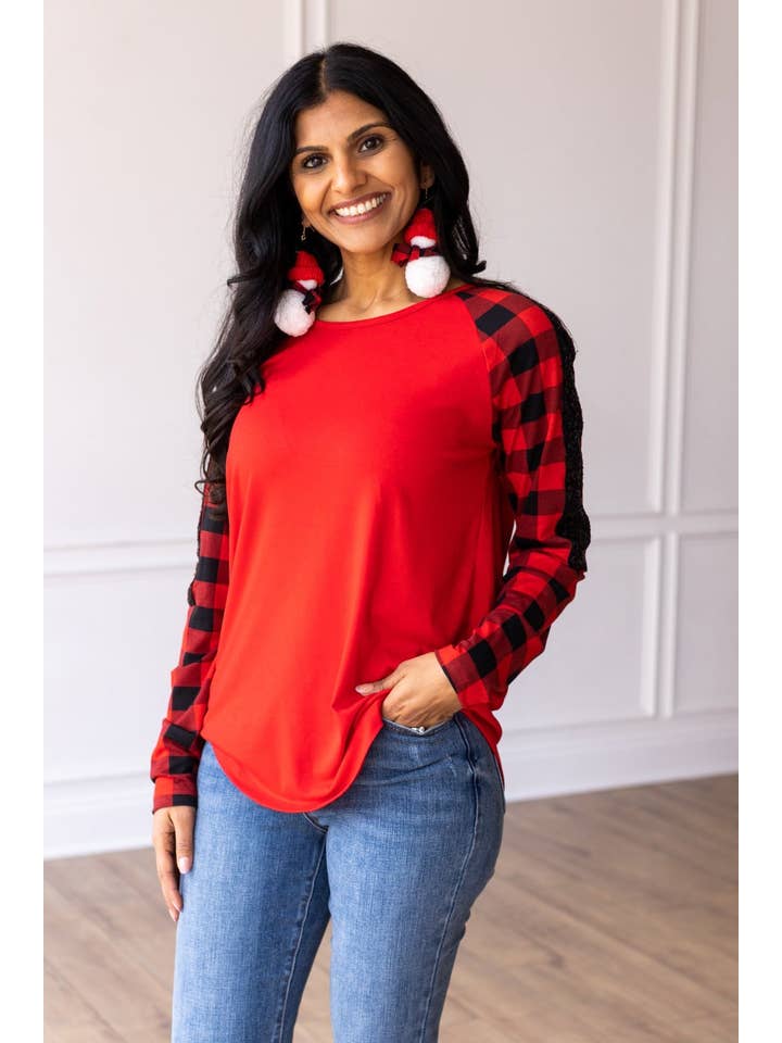 Red Top with Buffalo Plaid Raglan Sleeves for wholesale on Faire