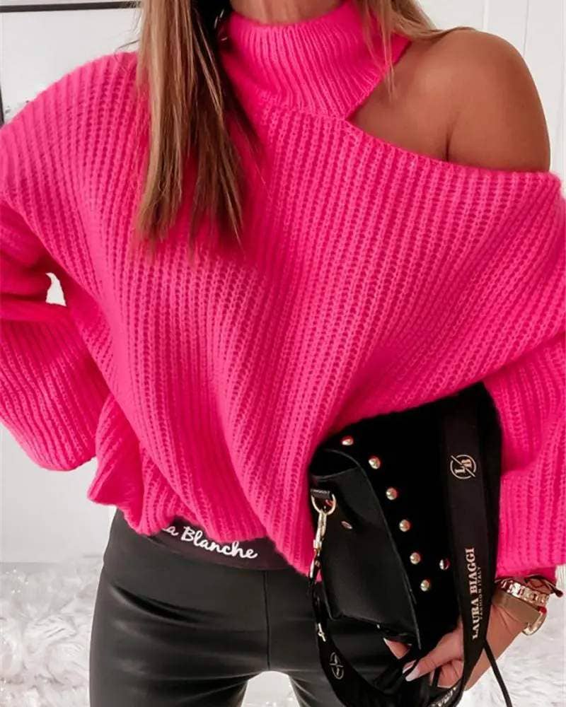 Queen Fashion - Wholesale Pullover-trui - Dames - Grof gebreide trui met lantaarnmouwen en koude schouders0