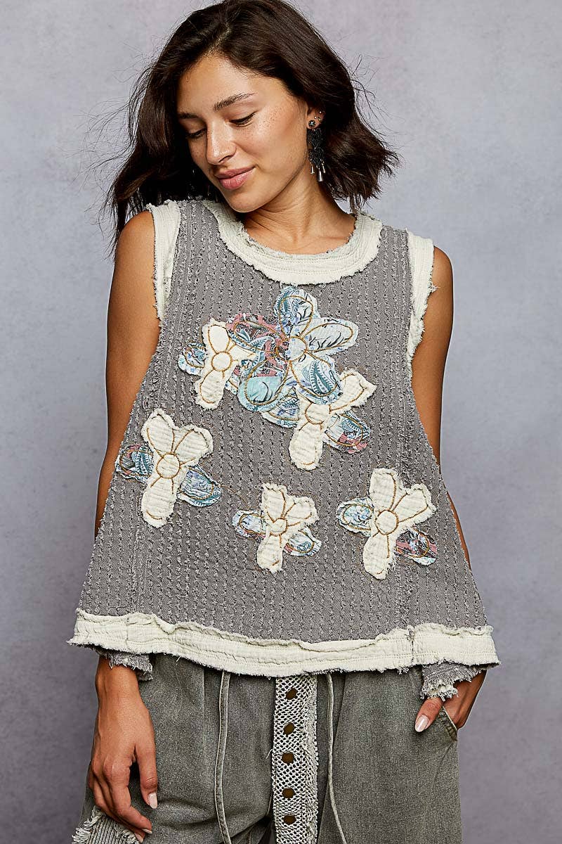 Pol Clothing - Wholesale Blouse - Women's - Round Neck Sleeveless Denim Flower Patch Top1