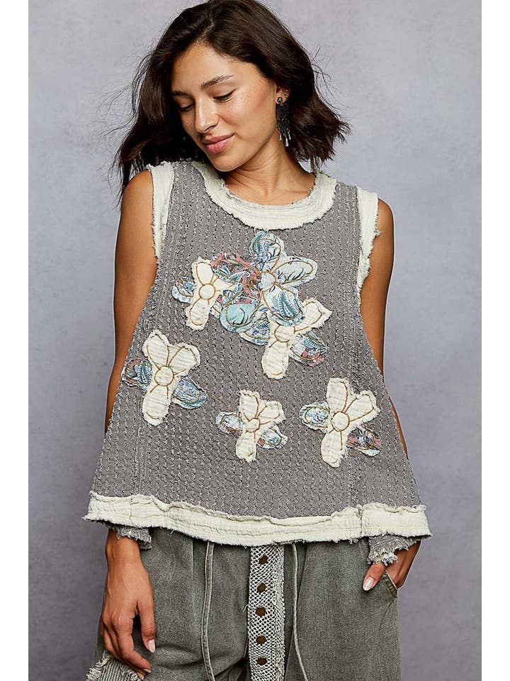 Pol Clothing - Wholesale Blouse - Women's - Round Neck Sleeveless Denim Flower Patch Top1