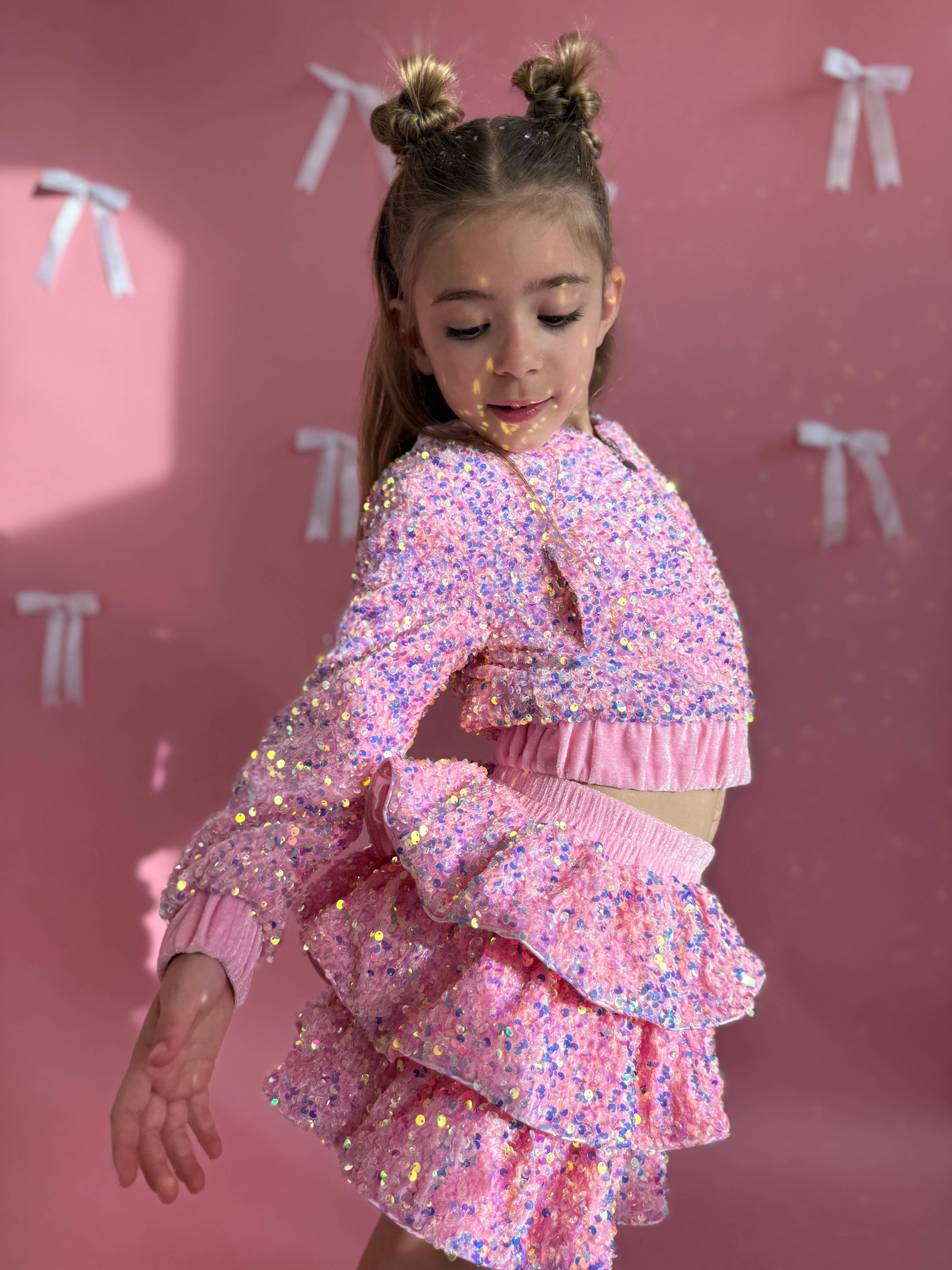 Ellie and Mila - Venta al por mayor Conjunto de camiseta y pantalón - Niños - Conjunto de dos piezas rosa con lentejuelas1