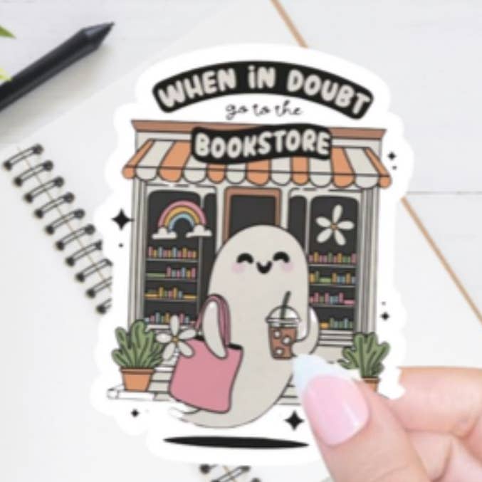 When in Doubt go to the Bookstore Ghost Sticker for wholesale by Blu Butterfly Stickers