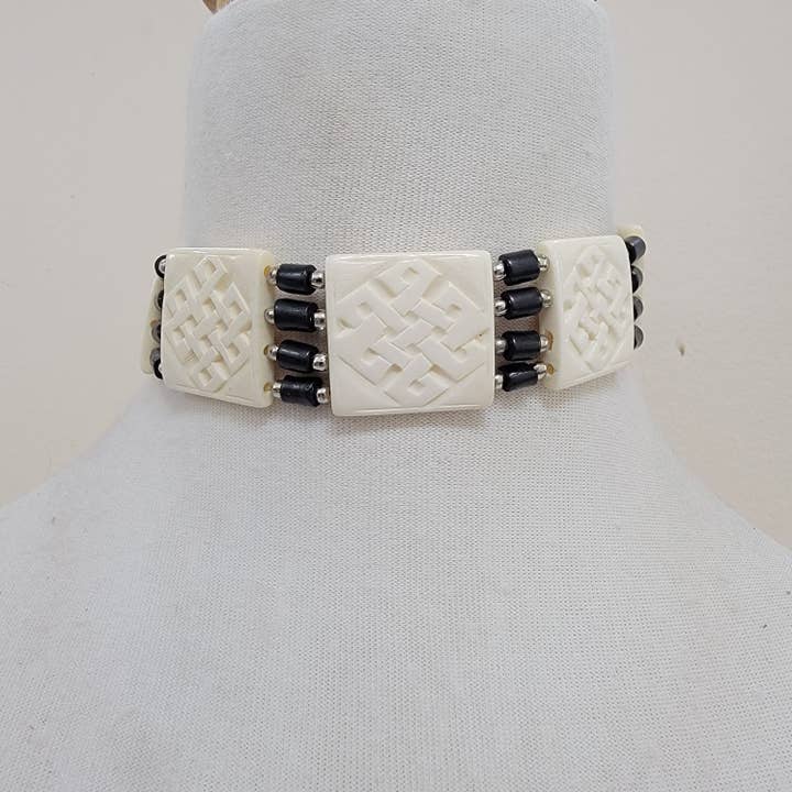 Buffalo Bone Choker-Carved Square Pieces-White And Black for wholesale by Treasure Jewelry