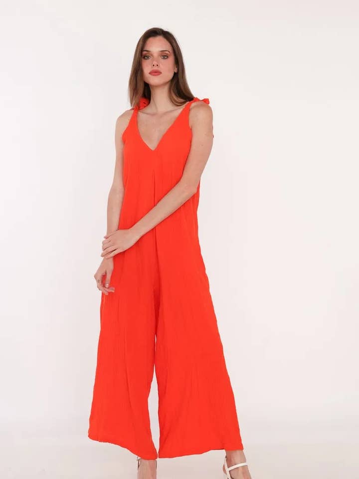 Katoenen gaas jumpsuit met bandjes @1028_combi voor wholesale door Mimi & Gogo