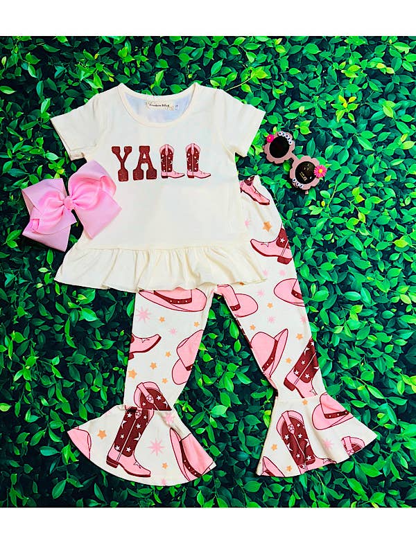 luluclothes - Wholesale Top & Pant Set - Kids - "YALL" western boots & hat girls 2pc set XCH0666-12H