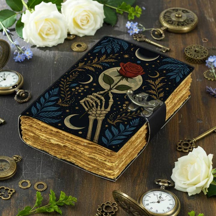 MNM HANDICRAFTS – Großhandel Tagebuch – Gotisches Lederjournal mit Skelett-Hand, Rose – Handgefertigt5
