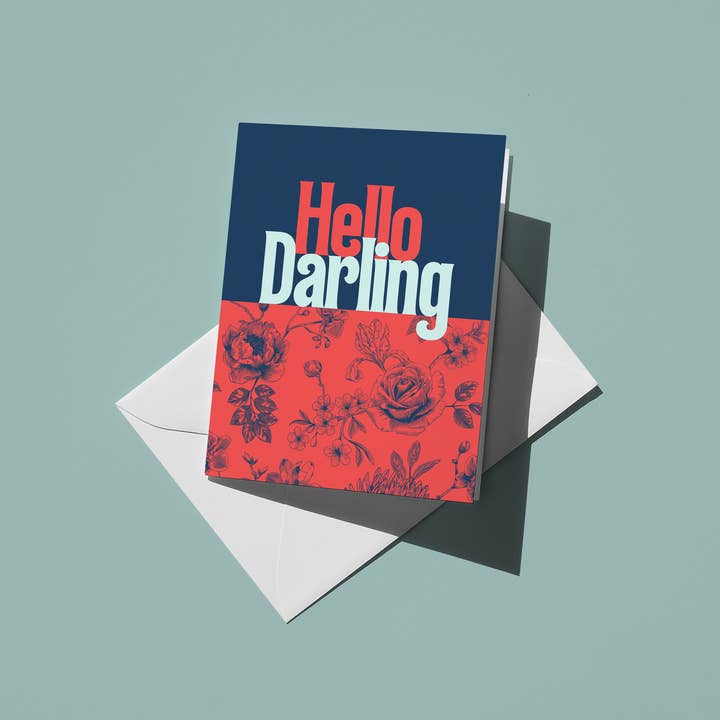 Hello Darling Red & Blue Blank Note Card for wholesale by Henny Penny Studio