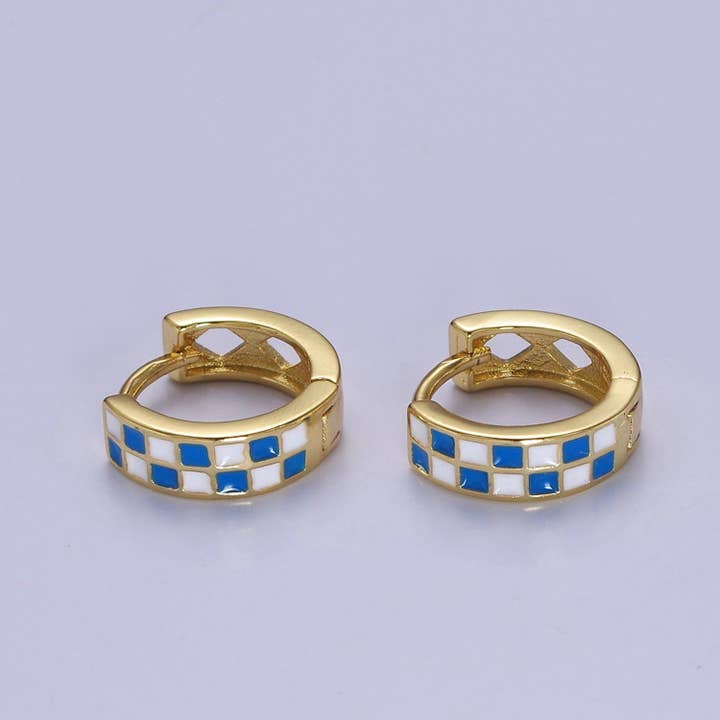 Aim Eternal - Wholesale Huggie Earrings - 24K Gold Filled Enamel Checker Hoops Earring Retro Gold Hugg