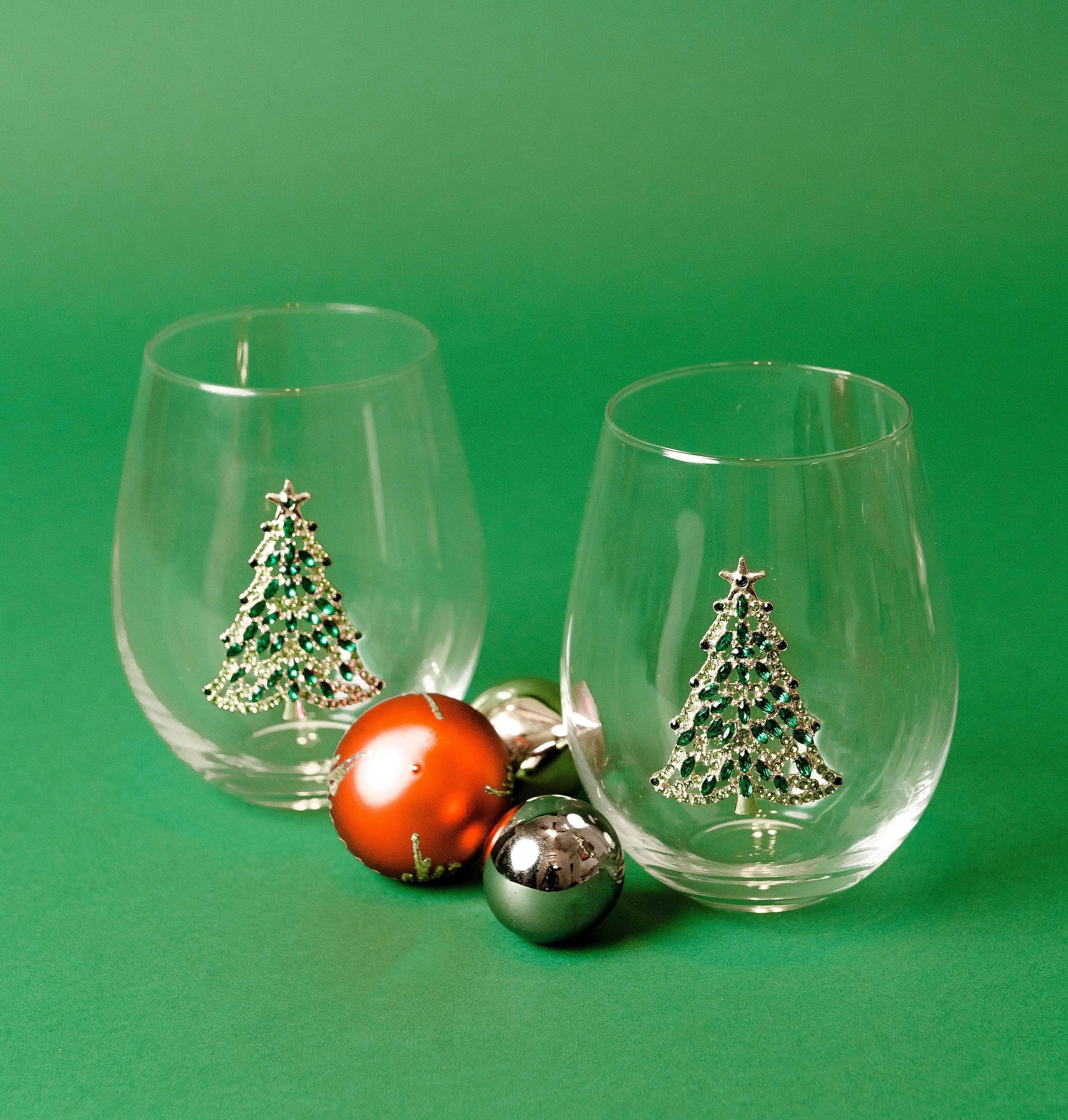 Jersey Art Glass - Wholesale Wine Glass - Bedazzled Christmas Tree Wine Glasses (Set of 2)0
